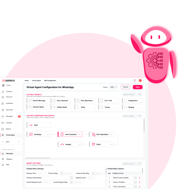 A screenshot of waanee.ai ivr software and showing the features of virtual agents features